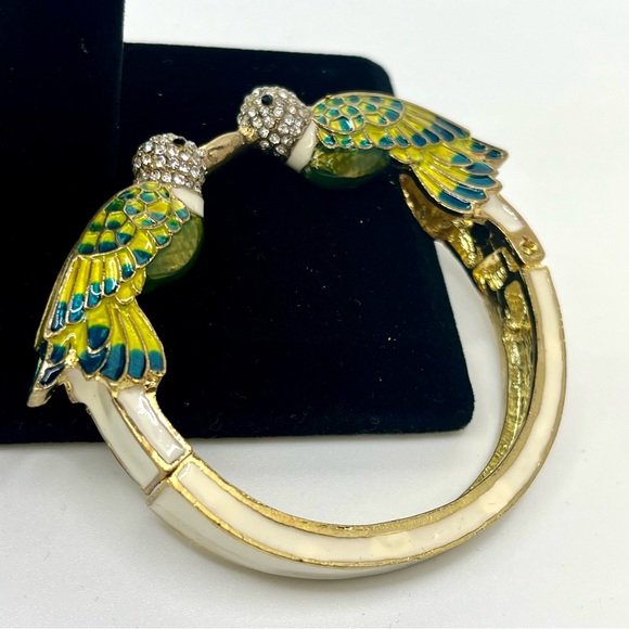 Colorful Kissing Bird Bracelet | Enamel Hinged Cuff | Rhinestone Details - Picture 5 of 9